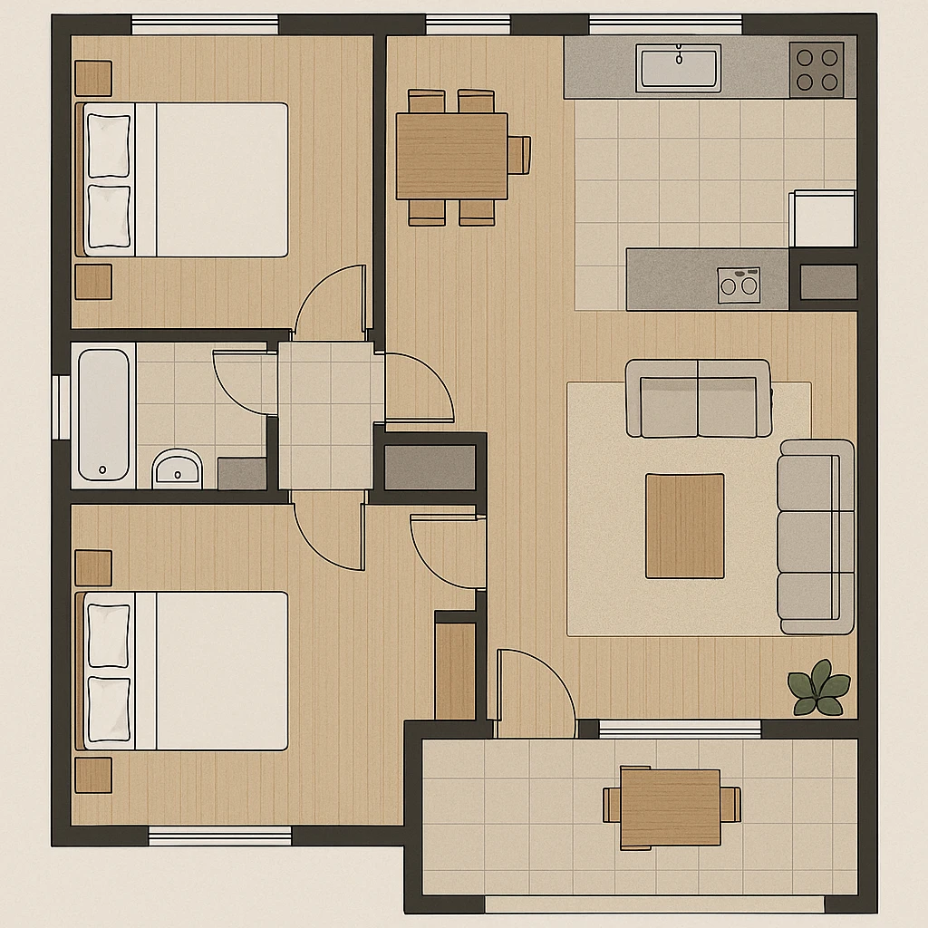 Planta de uma casa com 2 quartos e cozinha americana